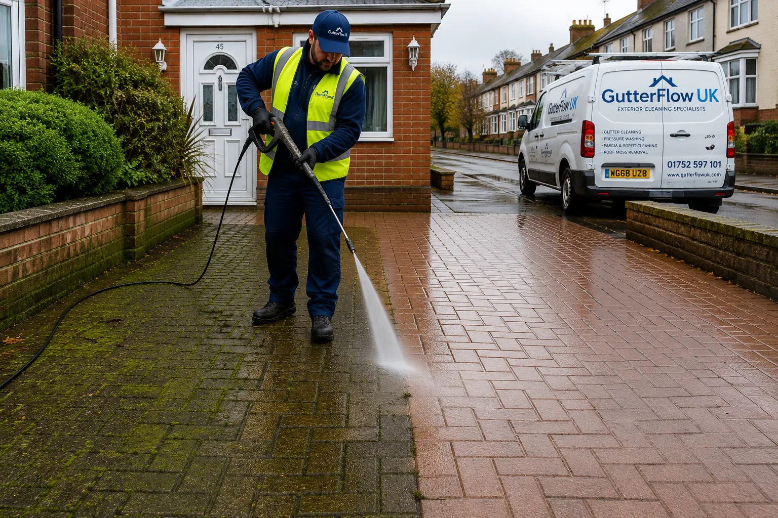 Professional driveway pressure washing Plymouth — moss, algae and stain removal by GutterFlow UK, fully insured exterior cleaning service Devon and Cornwall