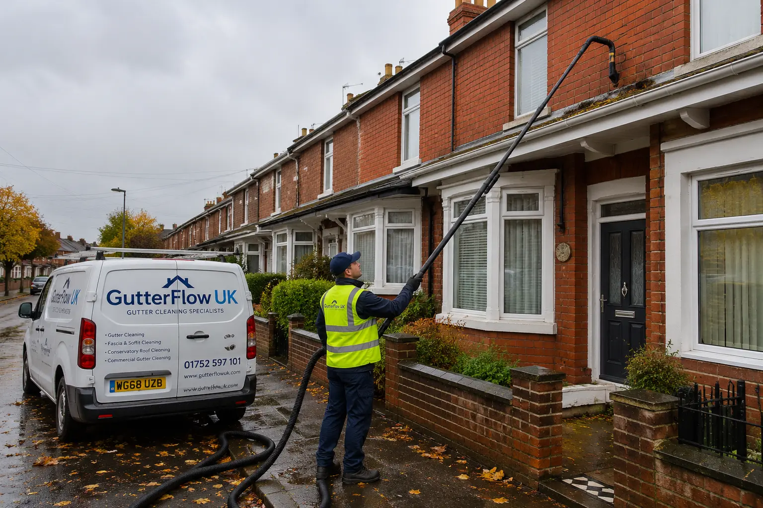 Professional gutter cleaning service Plymouth — GutterFlow UK technician clearing blocked gutters, leaves, and moss using telescopic vacuum equipment from ground level, no ladders required